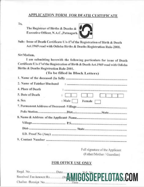 Registrador de nascimentos e óbitos da certidão de óbito de Patnagarh na Índia amostra